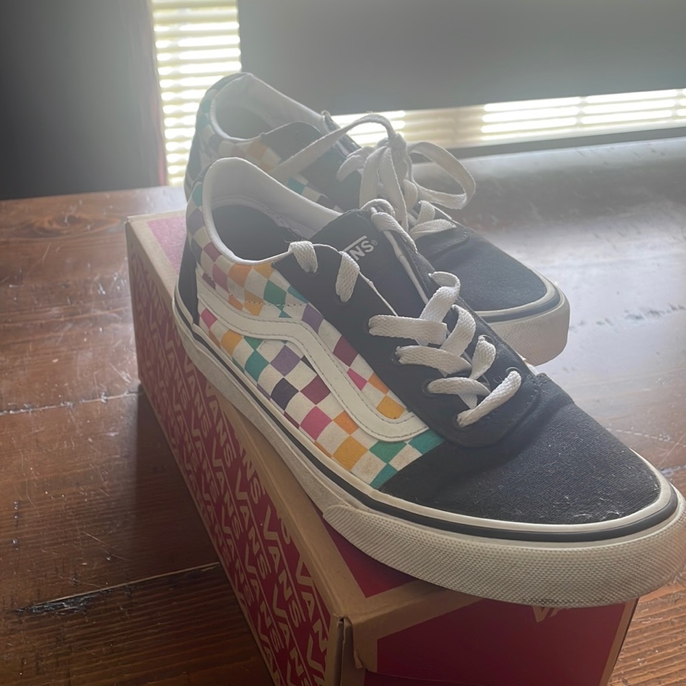 Vans! Party Check multi color black shoes! Great Condition.
